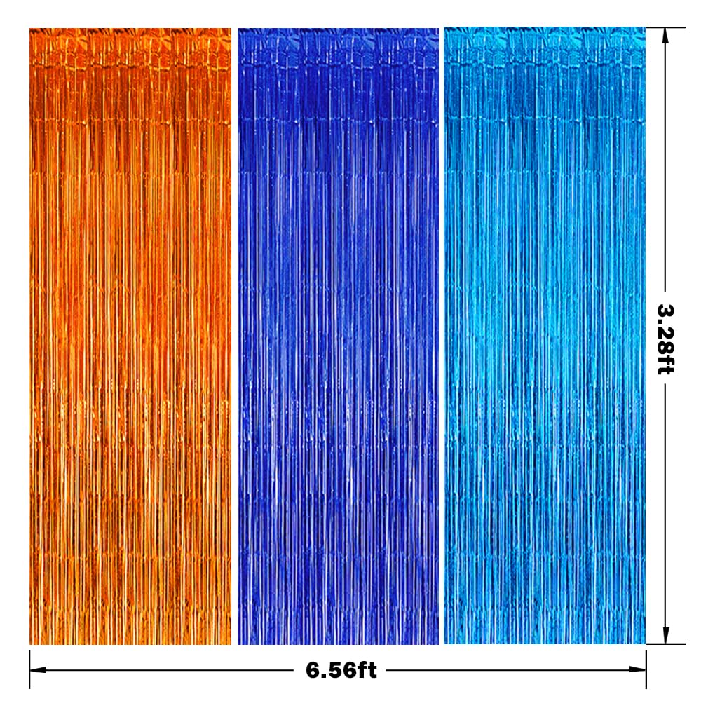 Blue And Orange Foil Fringe Curtains, Blue Orange Dog Birthday Party Supplies Blue Orange And Light Blue Streamer Backdrop Tinse